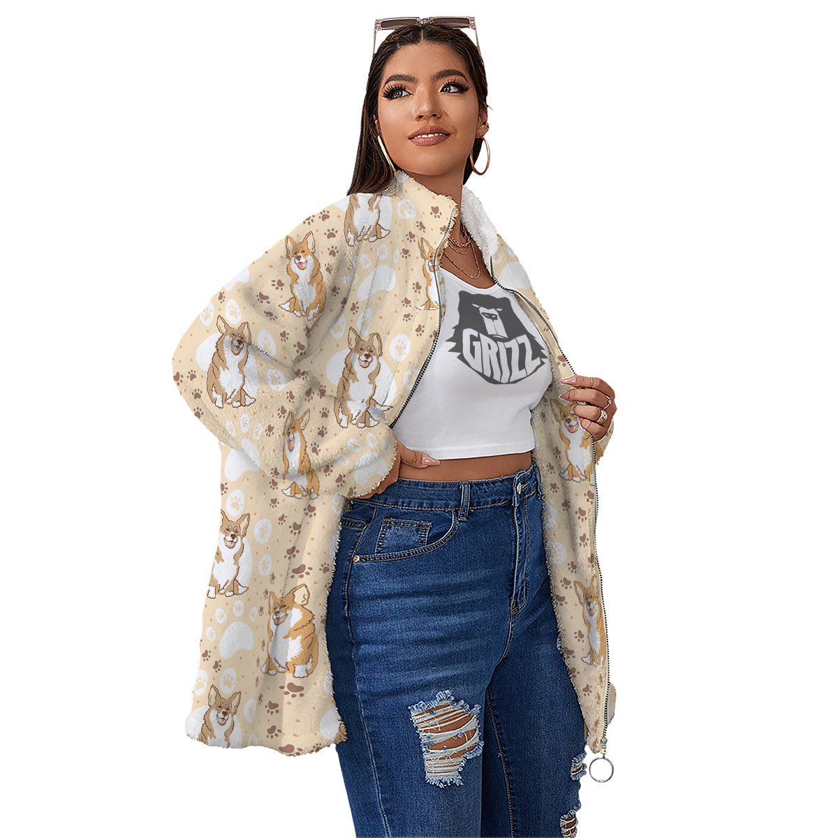 Pembroke Welsh Corgi Print Pattern Women's Sherpa Jacket-grizzshop