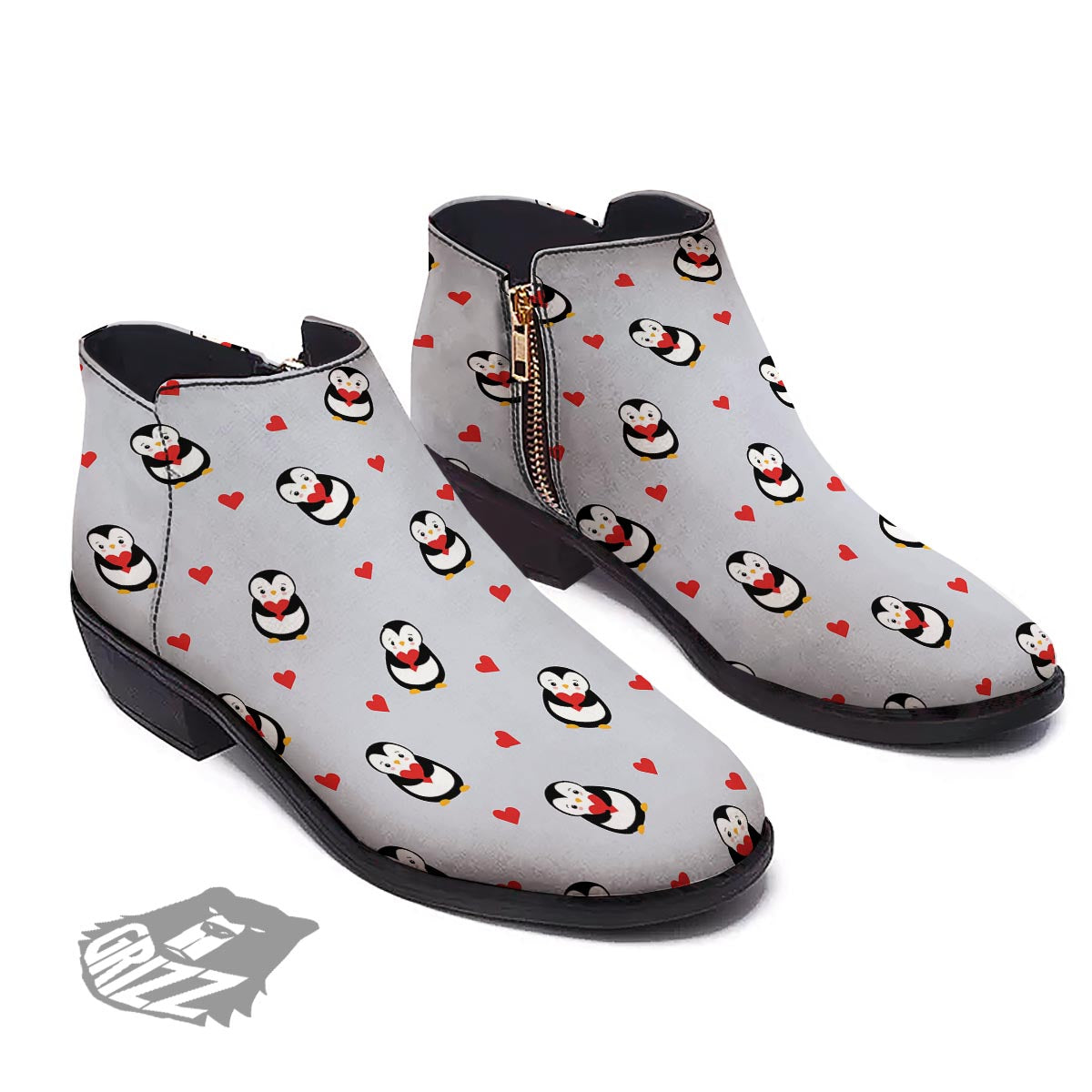 Penguin And Red Heart Print Pattern Ankle Boots-grizzshop