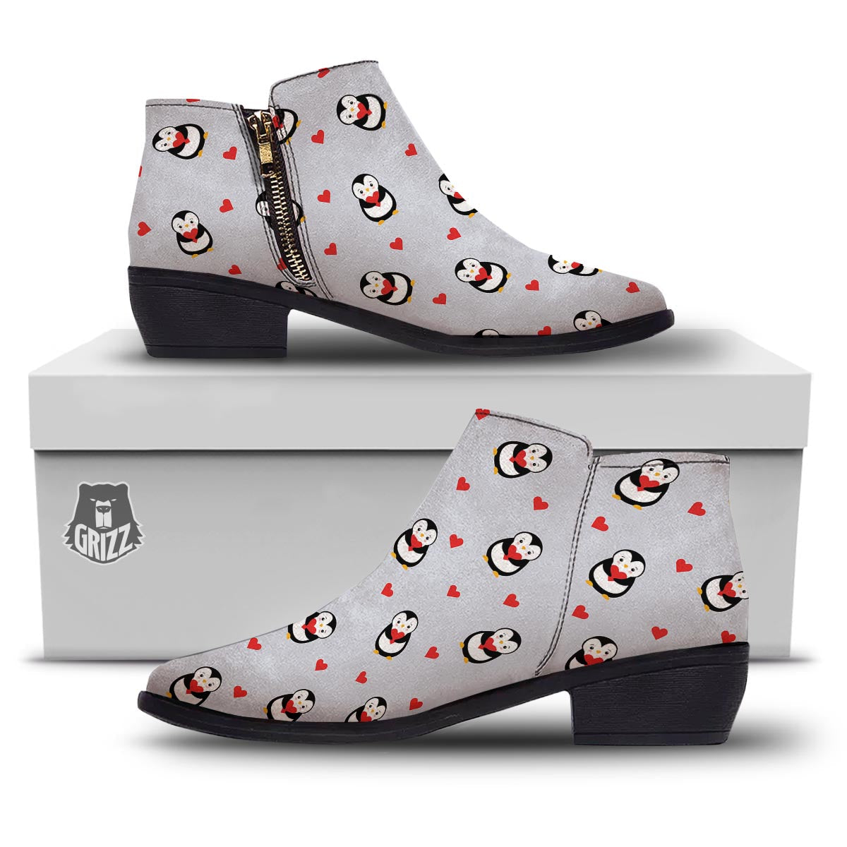 Penguin And Red Heart Print Pattern Ankle Boots-grizzshop