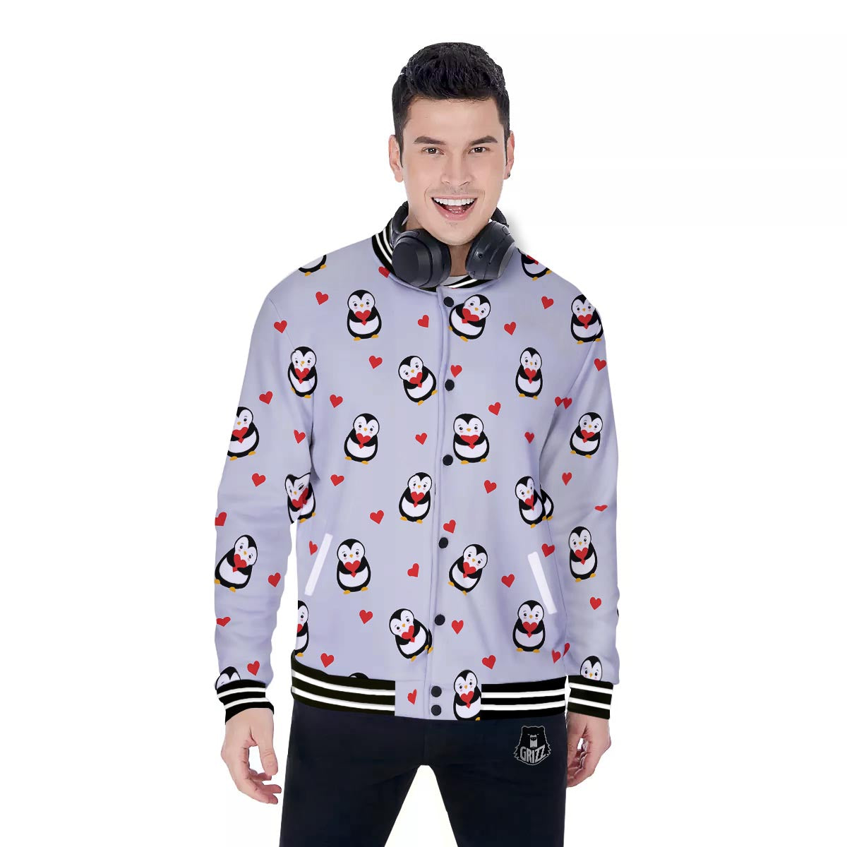 Penguin And Red Heart Print Pattern Baseball Jacket-grizzshop