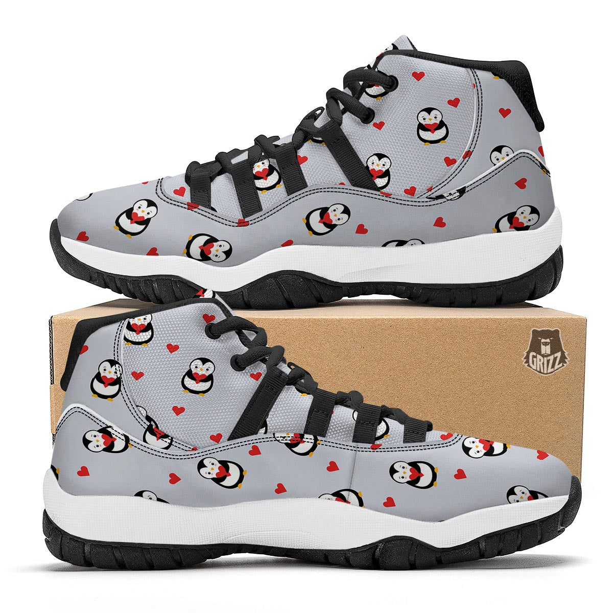 Penguin And Red Heart Print Pattern Black Bball Shoes-grizzshop