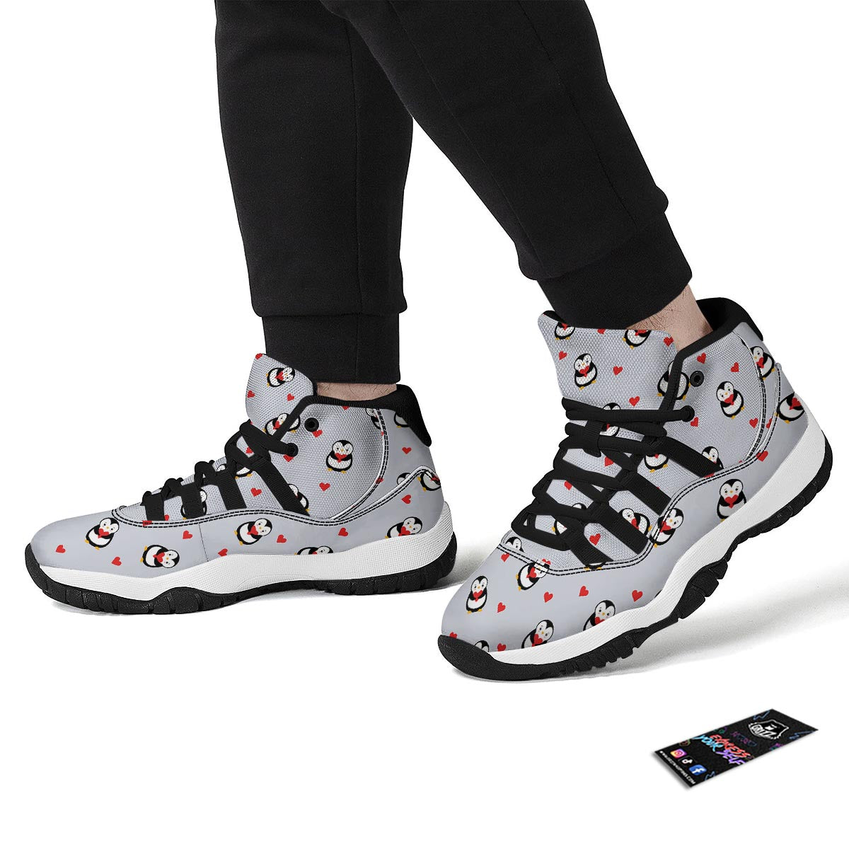 Penguin And Red Heart Print Pattern Black Bball Shoes-grizzshop
