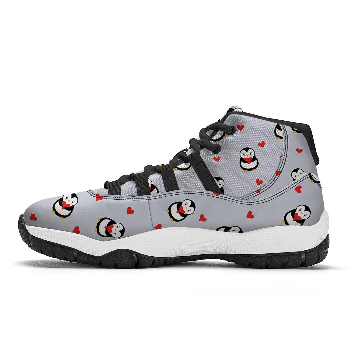 Penguin And Red Heart Print Pattern Black Bball Shoes-grizzshop