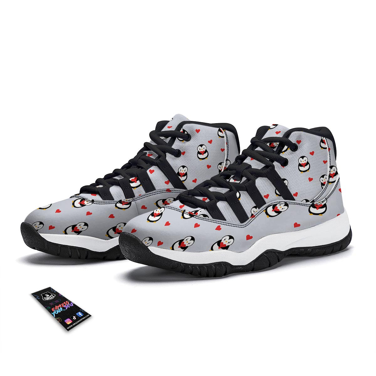 Penguin And Red Heart Print Pattern Black Bball Shoes-grizzshop