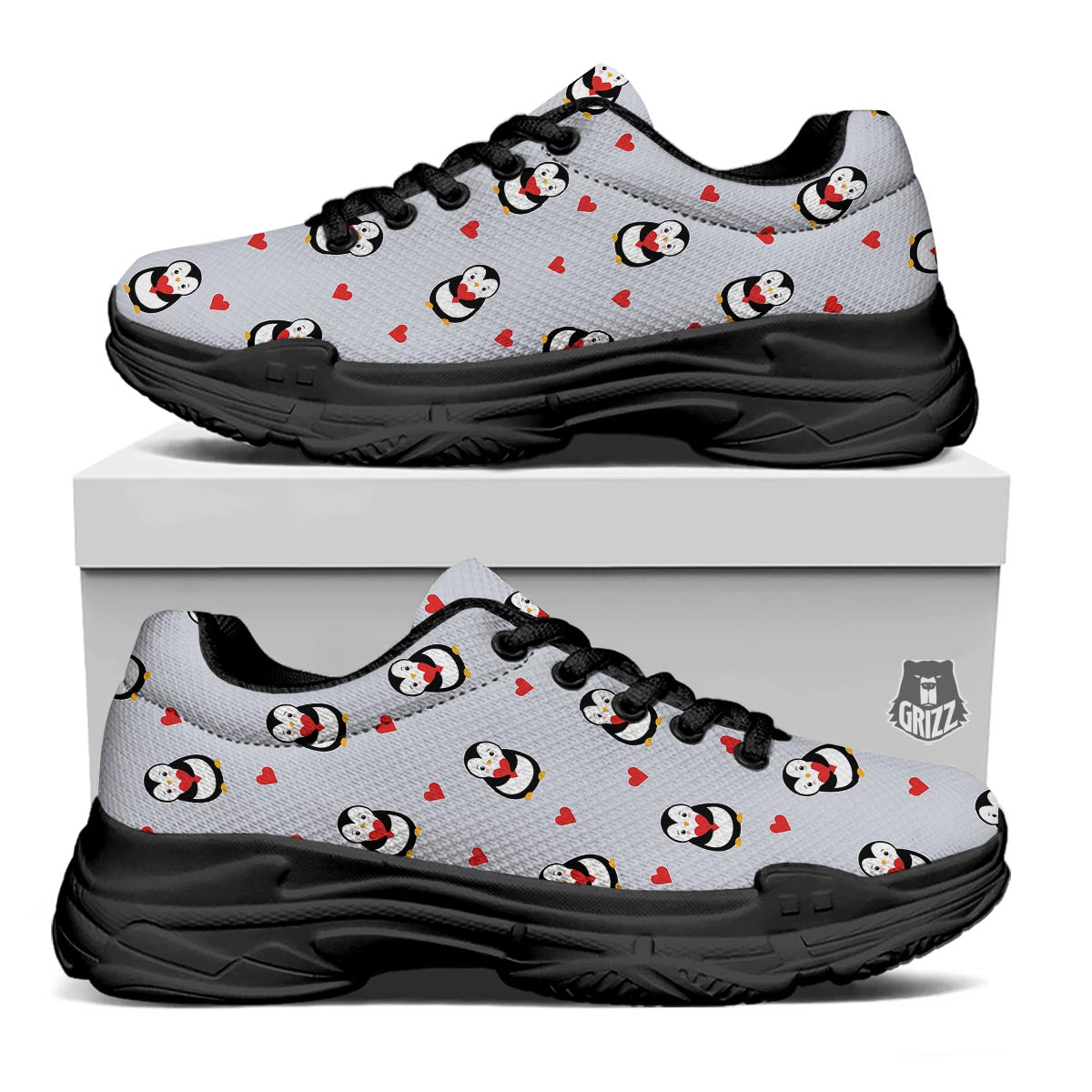 Penguin And Red Heart Print Pattern Black Chunky Shoes-grizzshop