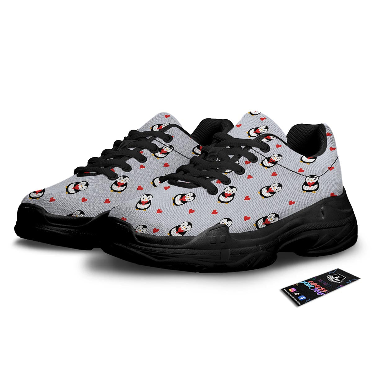 Penguin And Red Heart Print Pattern Black Chunky Shoes-grizzshop