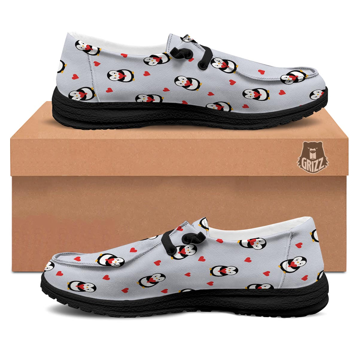 Penguin And Red Heart Print Pattern Black Loafers-grizzshop
