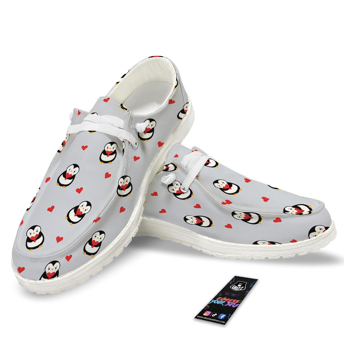 Penguin And Red Heart Print Pattern Black Loafers-grizzshop