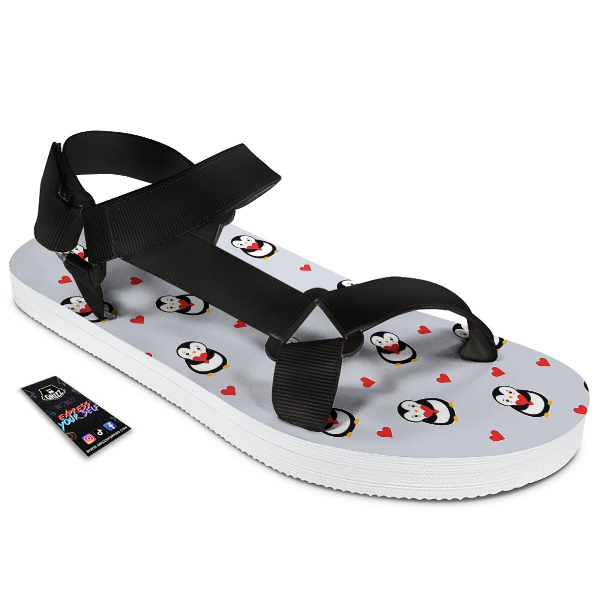 Penguin And Red Heart Print Pattern Black Open Toe Sandals-grizzshop