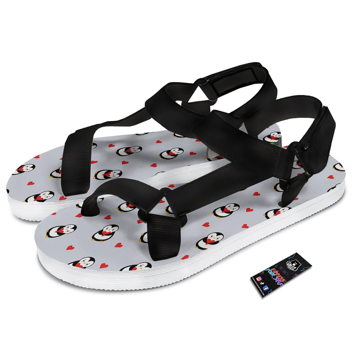 Penguin And Red Heart Print Pattern Black Open Toe Sandals-grizzshop