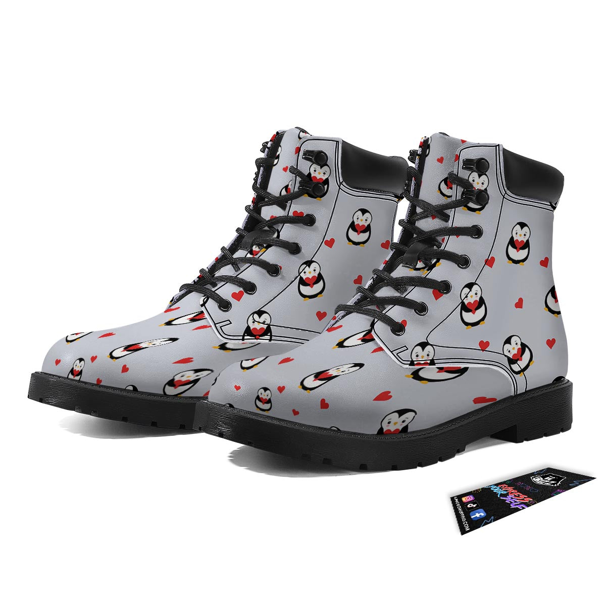 Penguin And Red Heart Print Pattern Boots-grizzshop