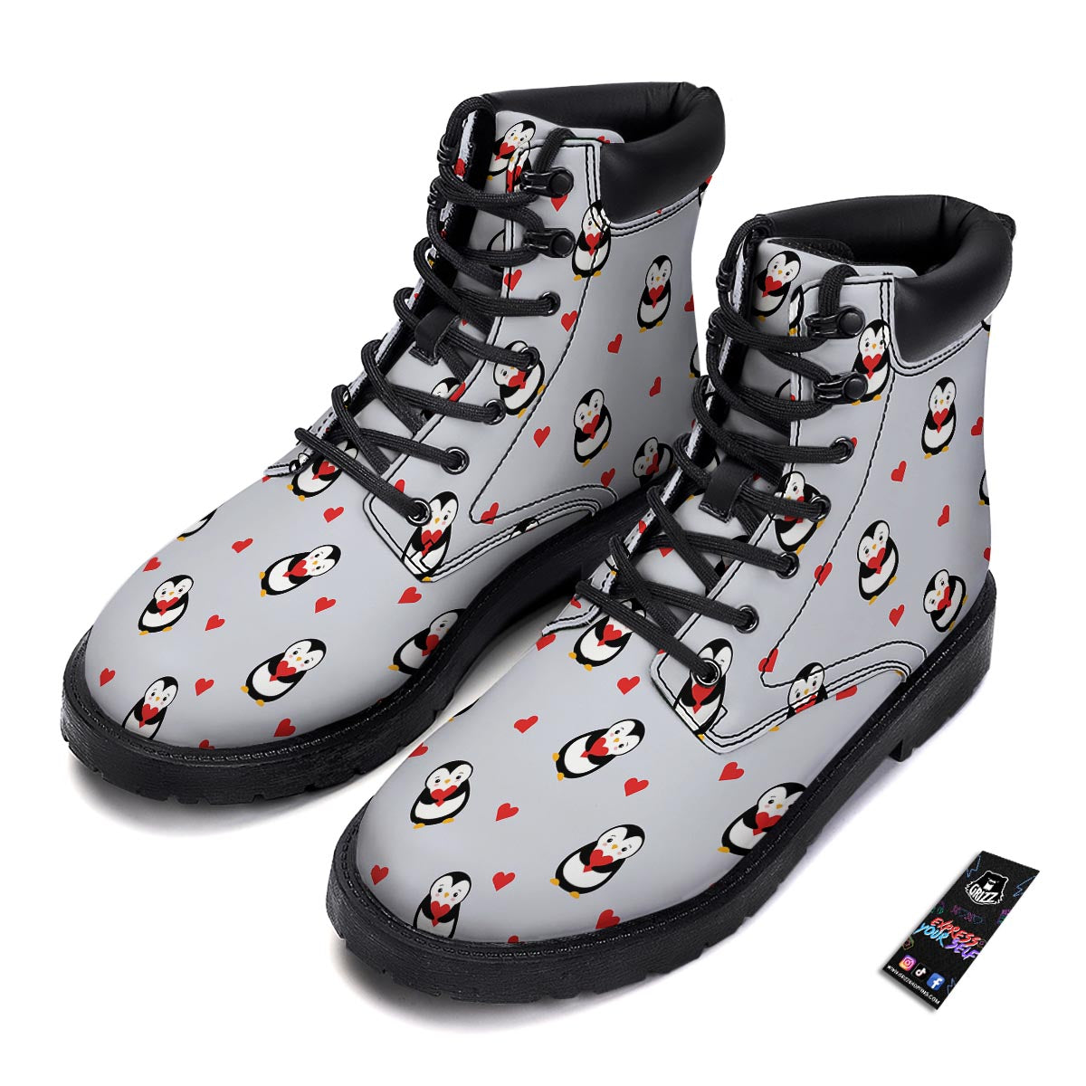 Penguin And Red Heart Print Pattern Boots-grizzshop