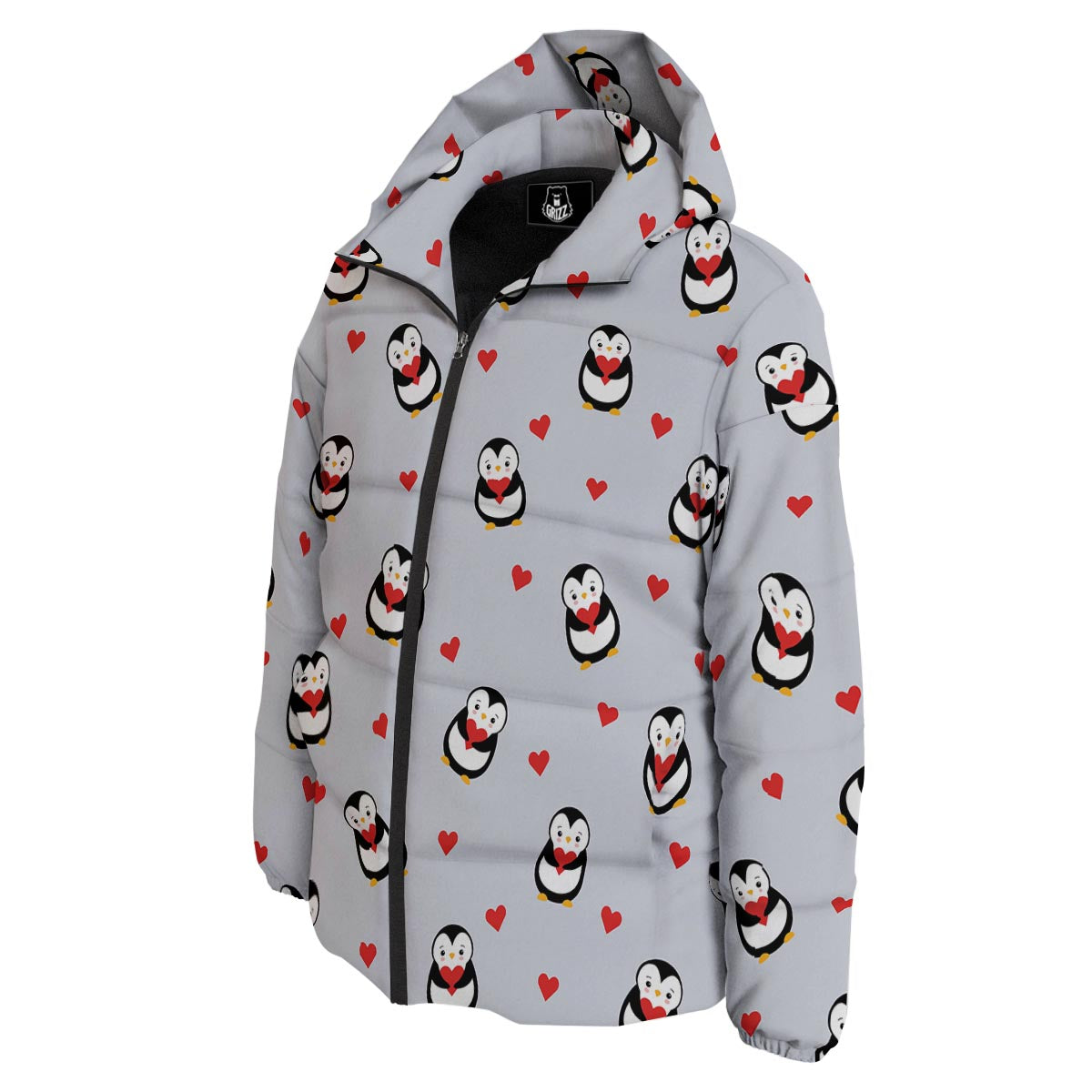 Penguin And Red Heart Print Pattern Down Jacket-grizzshop