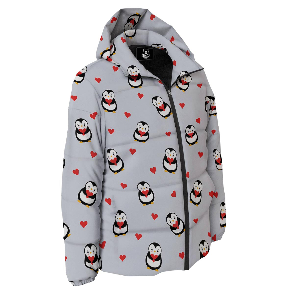 Penguin And Red Heart Print Pattern Down Jacket-grizzshop