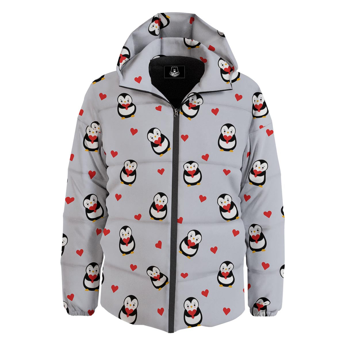 Penguin And Red Heart Print Pattern Down Jacket-grizzshop