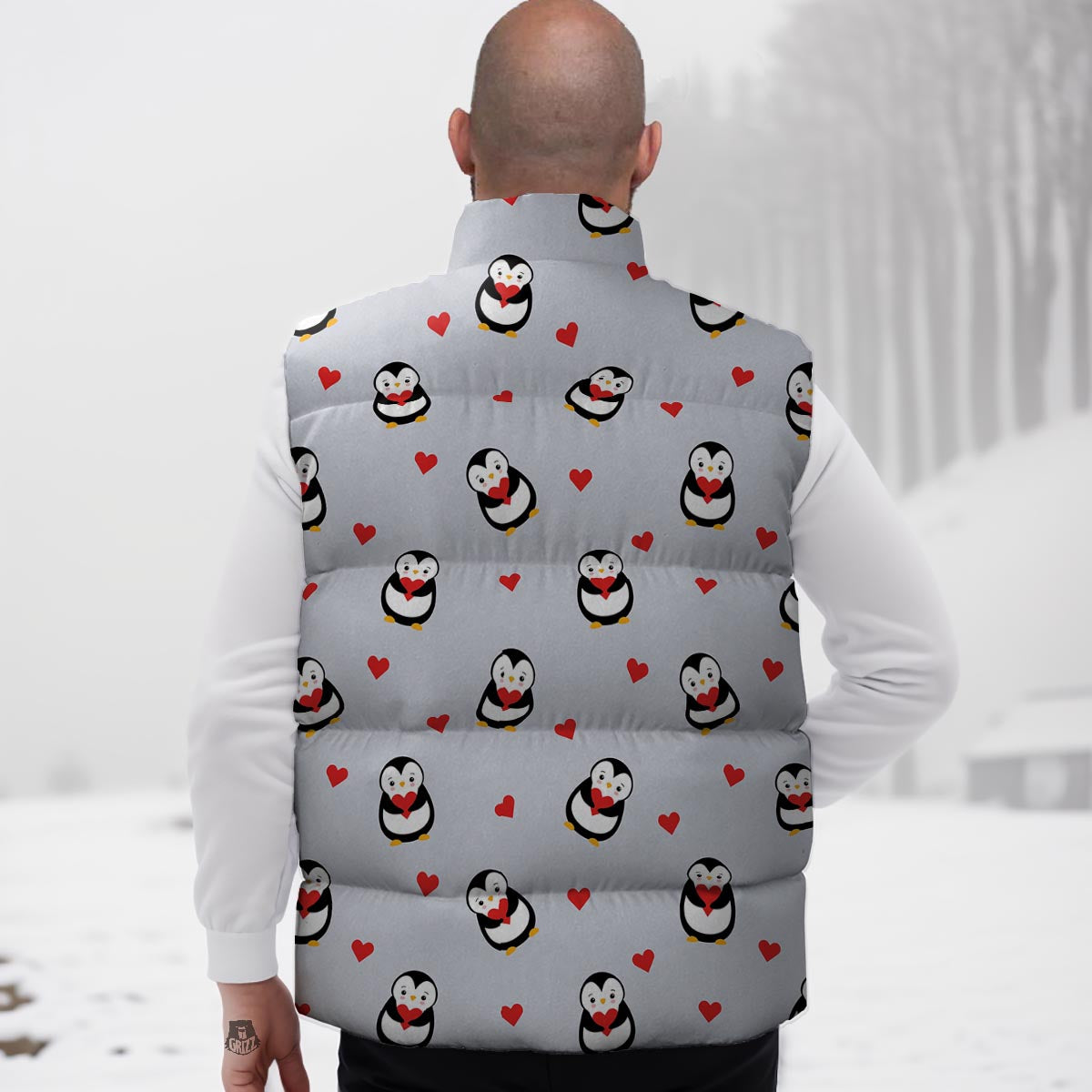 Penguin And Red Heart Print Pattern Down Vest