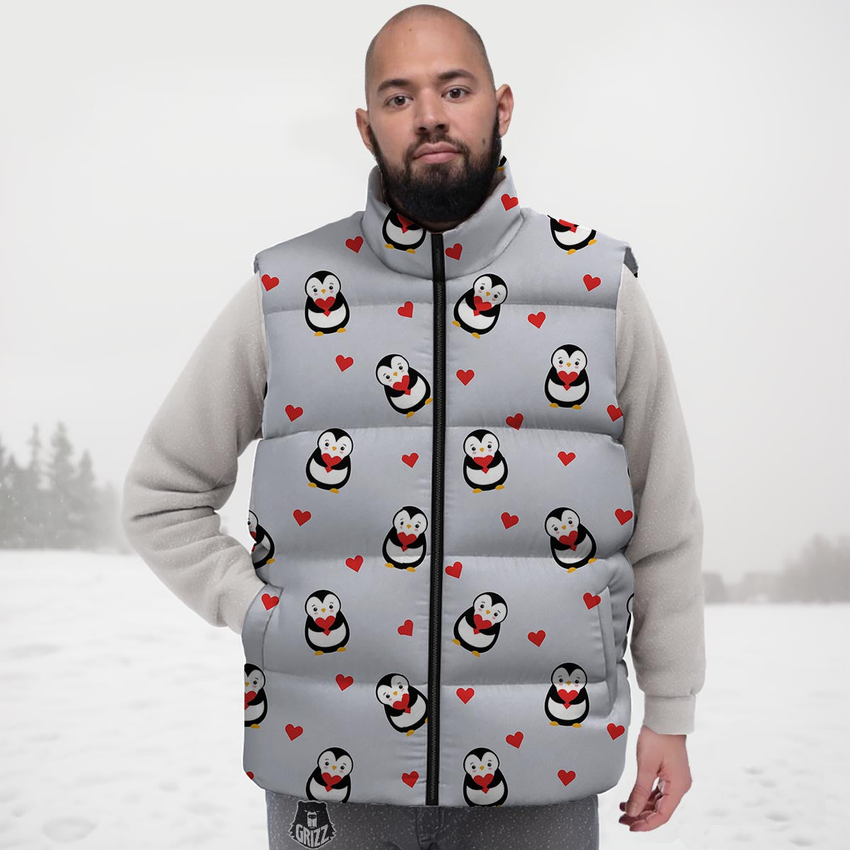 Penguin And Red Heart Print Pattern Down Vest