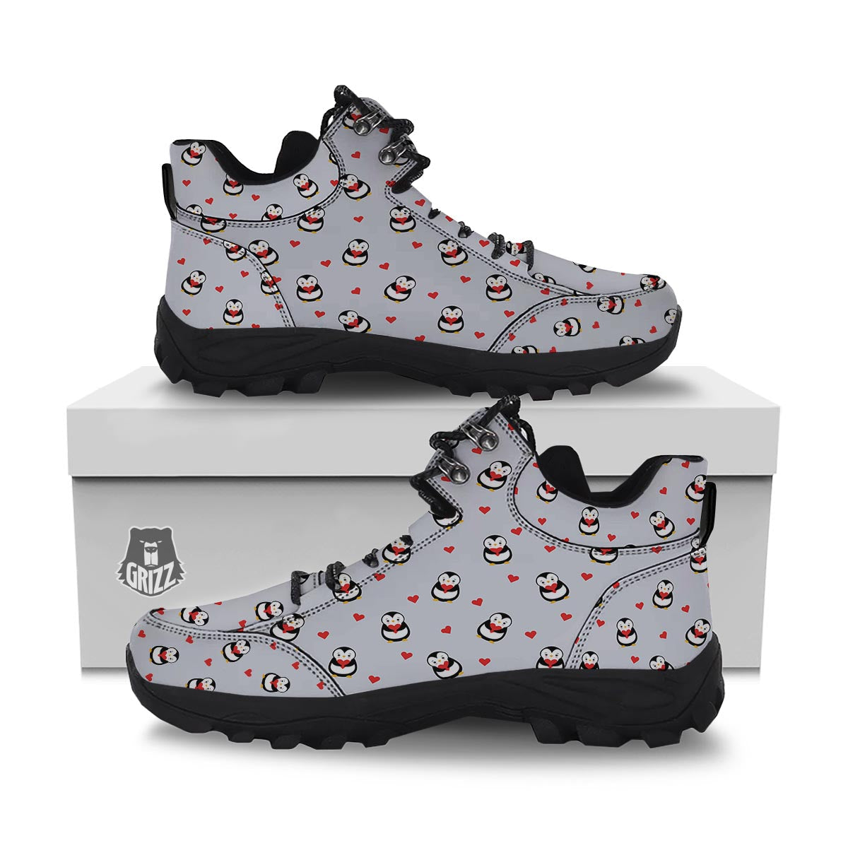 Penguin And Red Heart Print Pattern Hiking Shoes-grizzshop