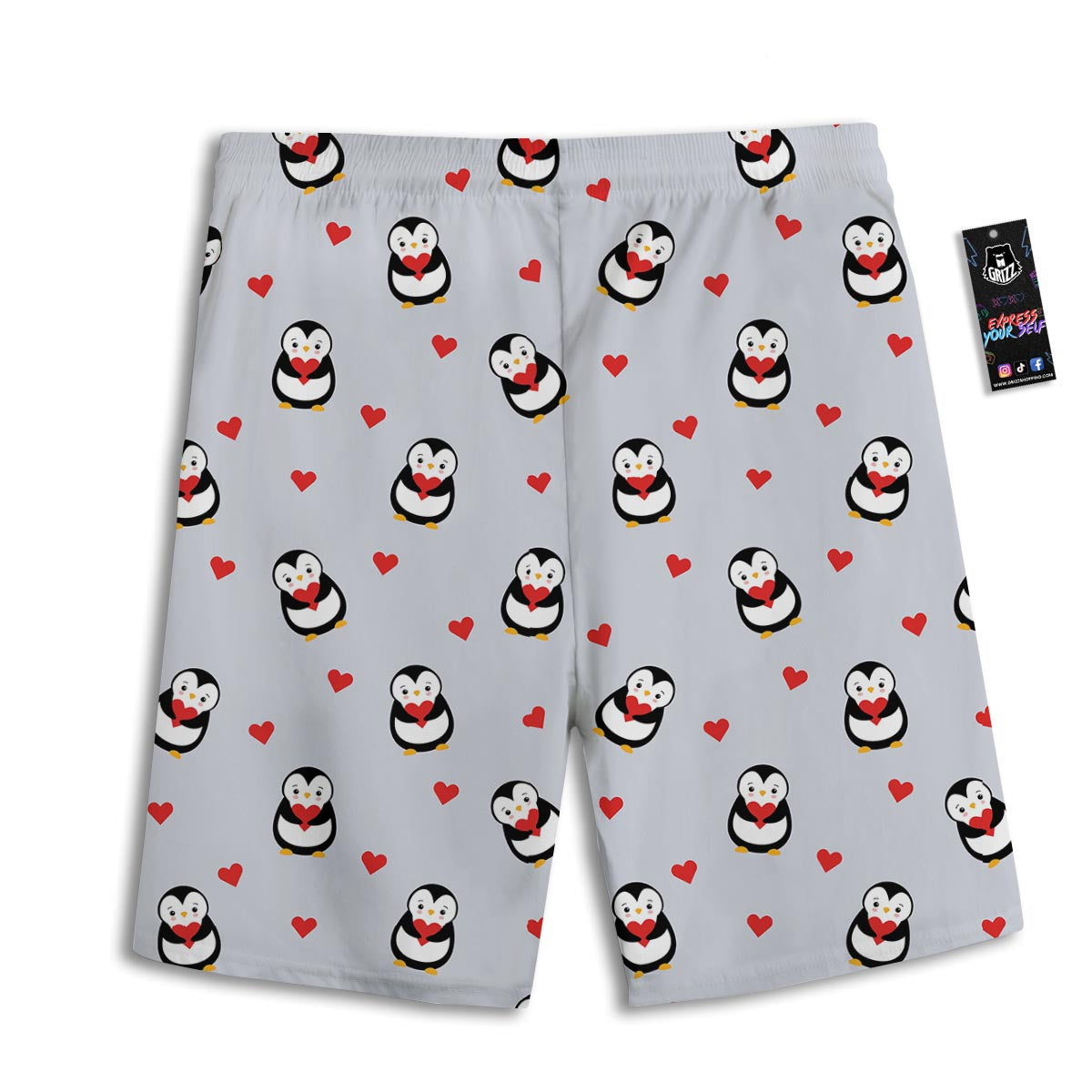 Penguin And Red Heart Print Pattern Men's Athletic Shorts