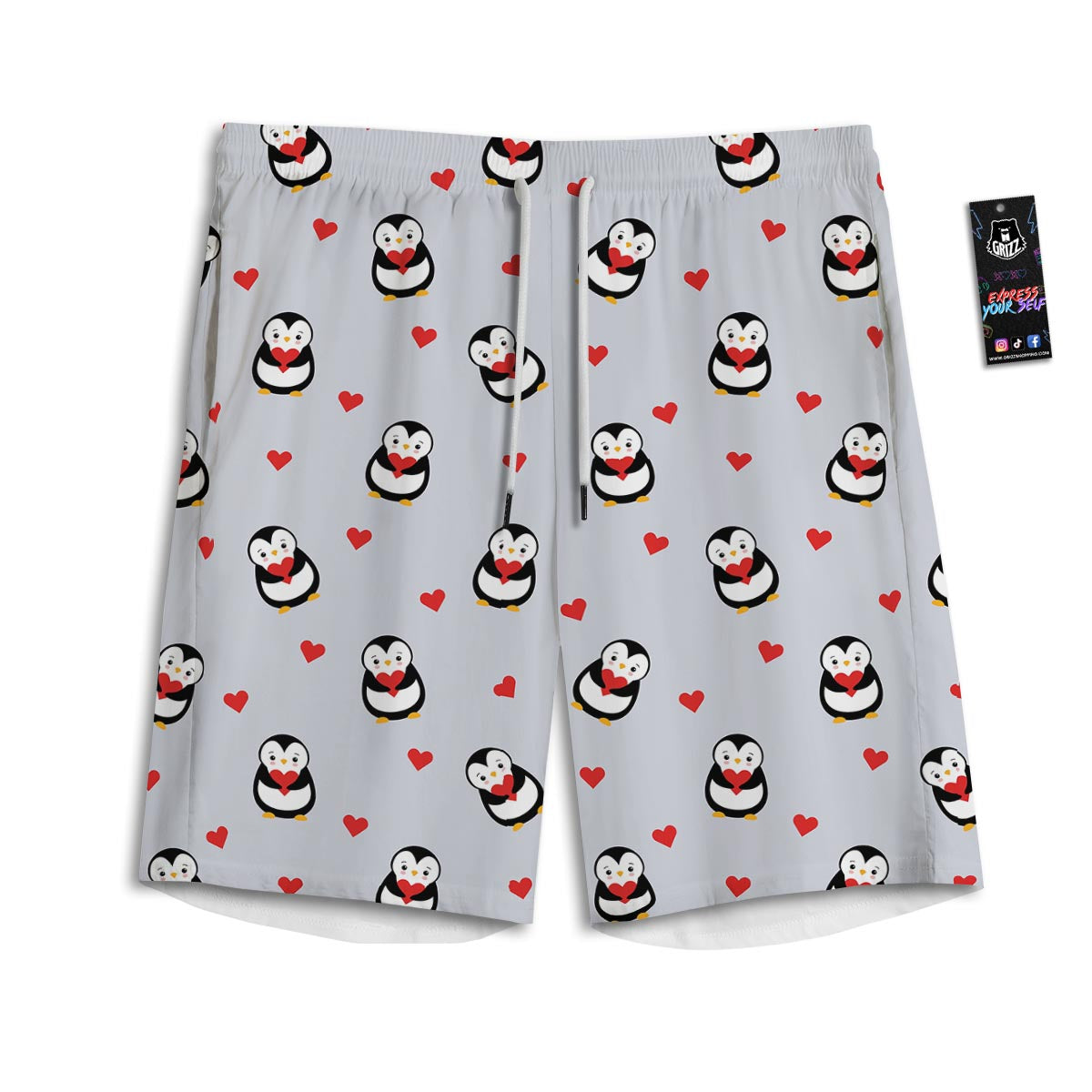 Penguin And Red Heart Print Pattern Men's Athletic Shorts