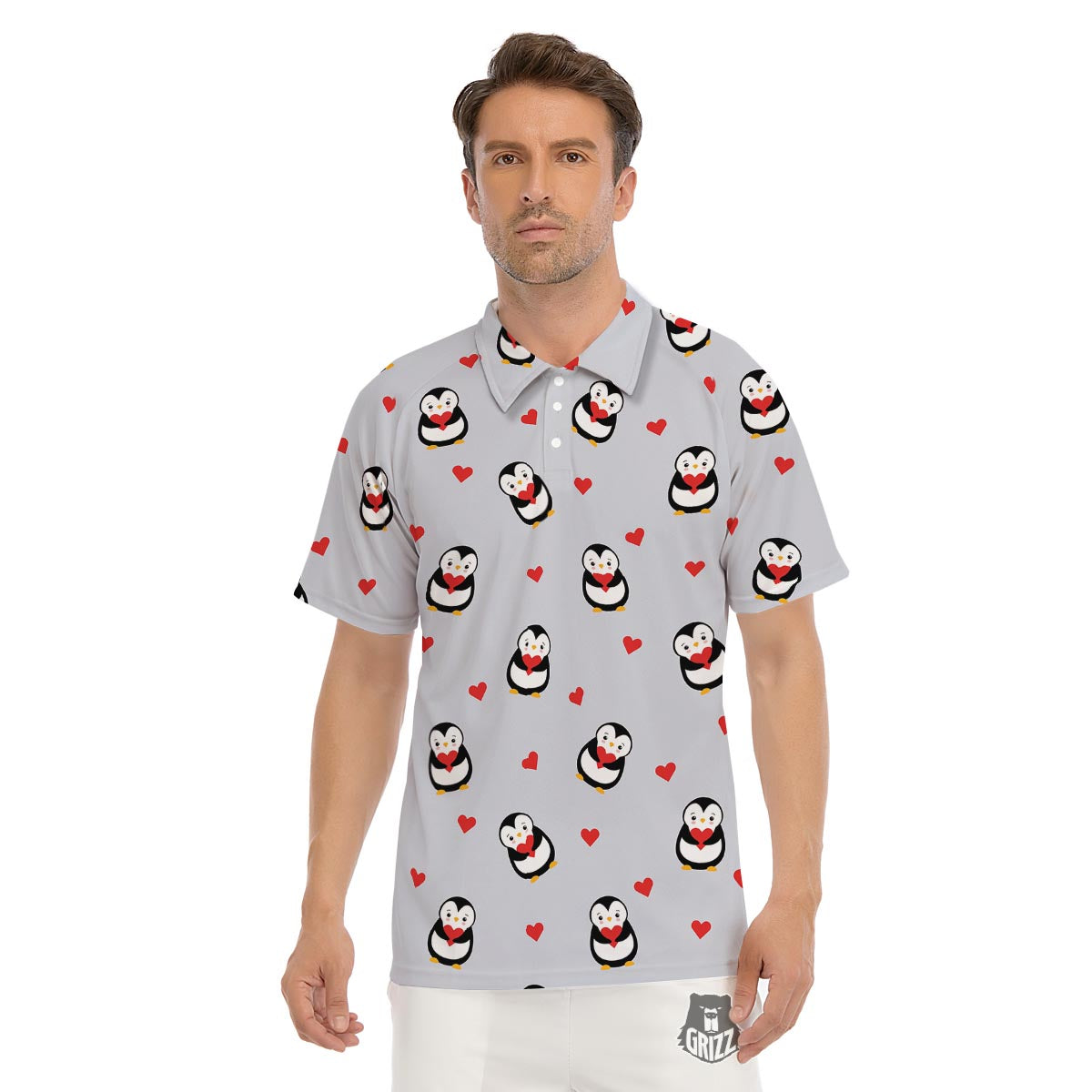 Penguin And Red Heart Print Pattern Men's Golf Shirts-grizzshop