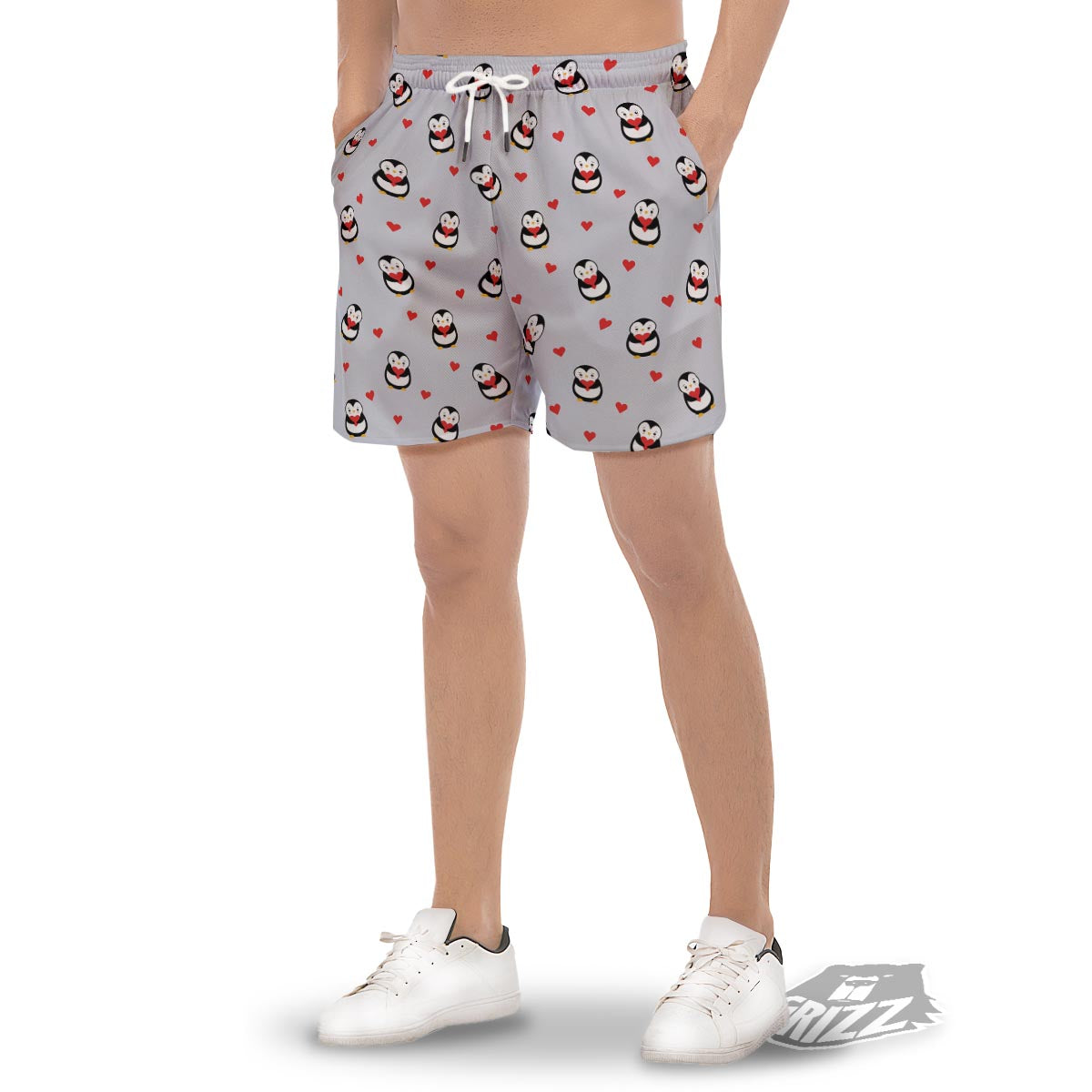 Penguin And Red Heart Print Pattern Men's Gym Shorts-grizzshop