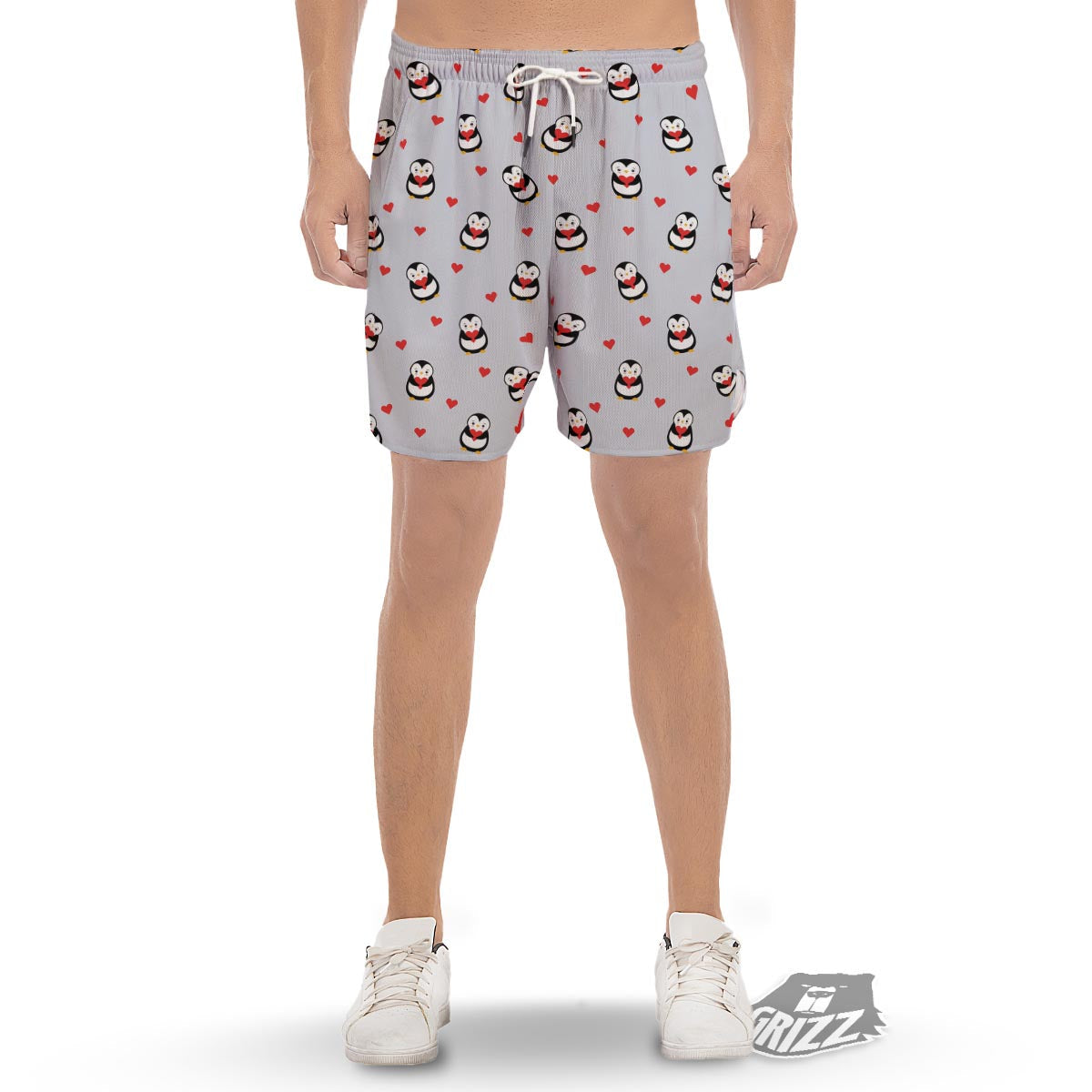 Penguin And Red Heart Print Pattern Men's Gym Shorts-grizzshop