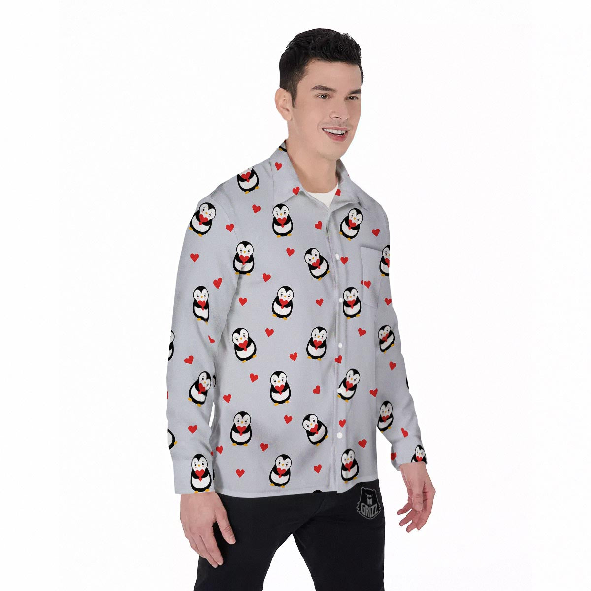 Penguin And Red Heart Print Pattern Men's Long Sleeve Shirts-grizzshop