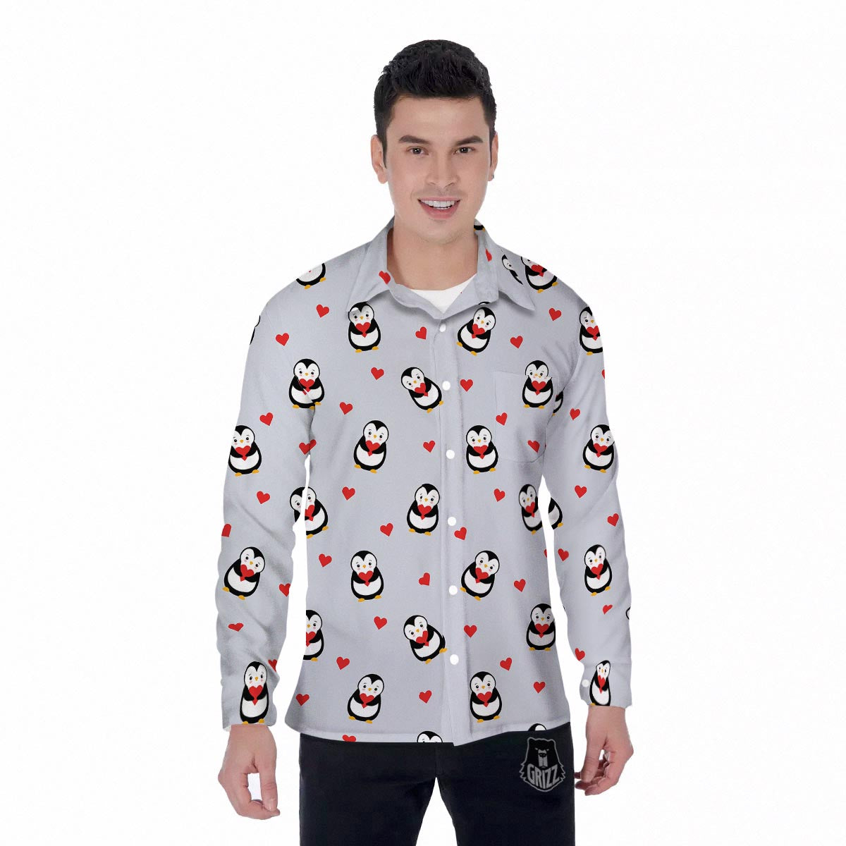 Penguin And Red Heart Print Pattern Men's Long Sleeve Shirts-grizzshop
