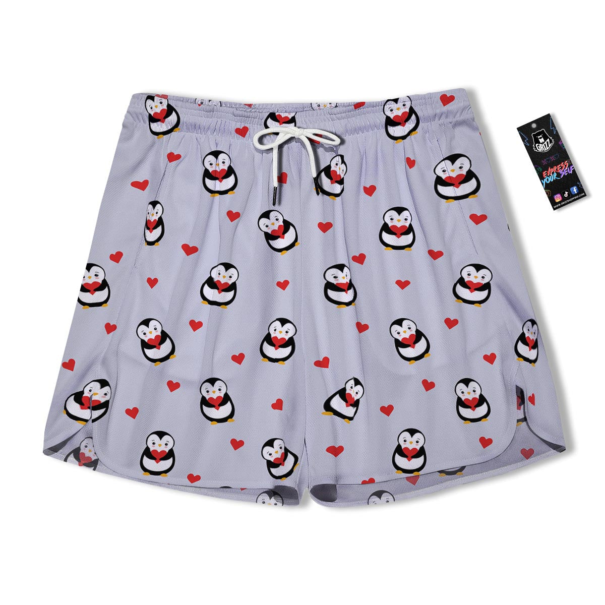 Penguin And Red Heart Print Pattern Men's Running Shorts-grizzshop