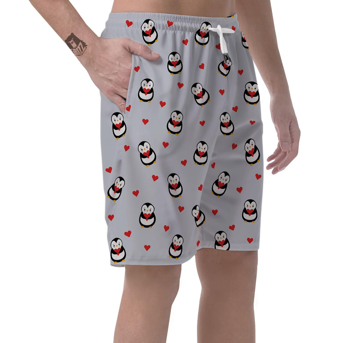 Penguin And Red Heart Print Pattern Men's Shorts-grizzshop