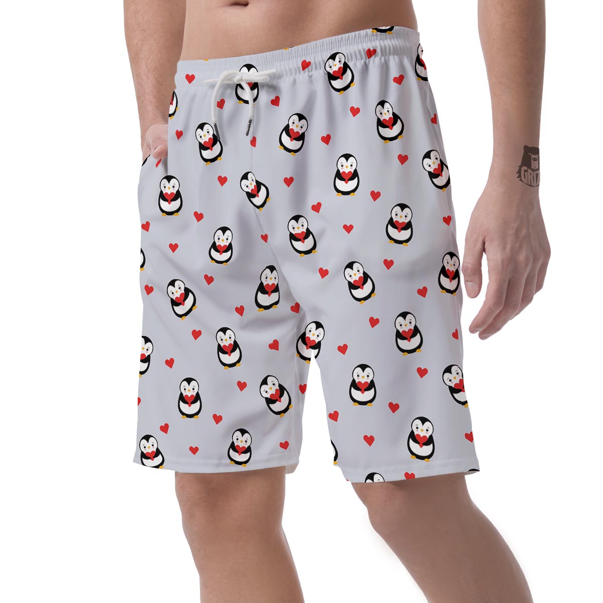 Penguin And Red Heart Print Pattern Men's Shorts-grizzshop