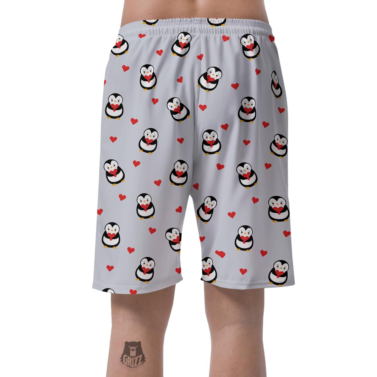 Penguin And Red Heart Print Pattern Men's Shorts-grizzshop