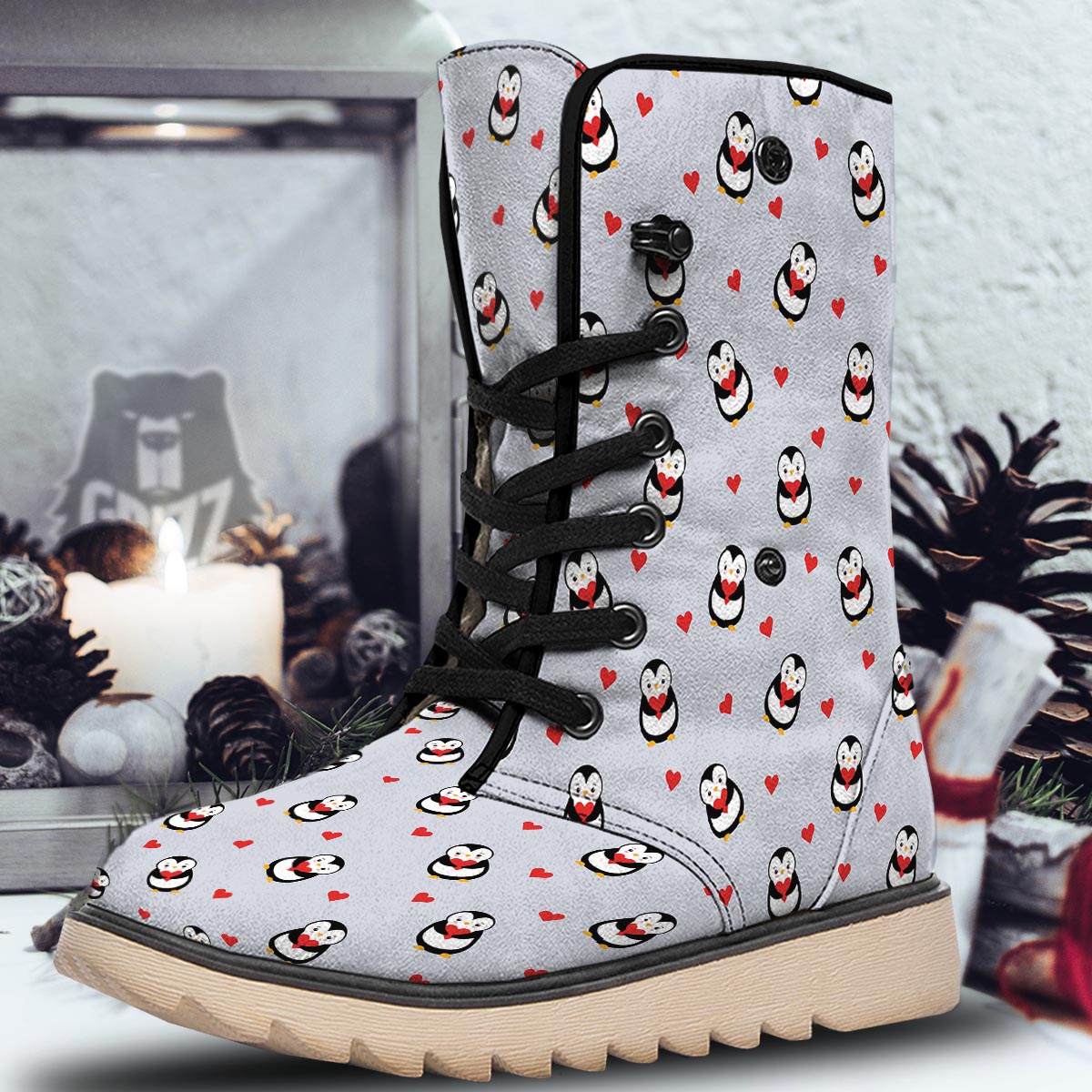 Penguin And Red Heart Print Pattern Snow Boots-grizzshop