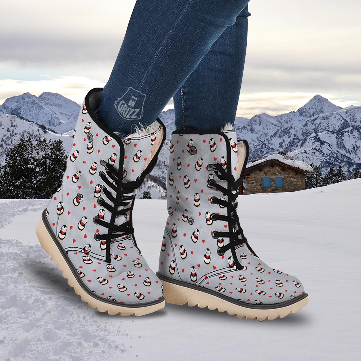 Penguin And Red Heart Print Pattern Snow Boots-grizzshop