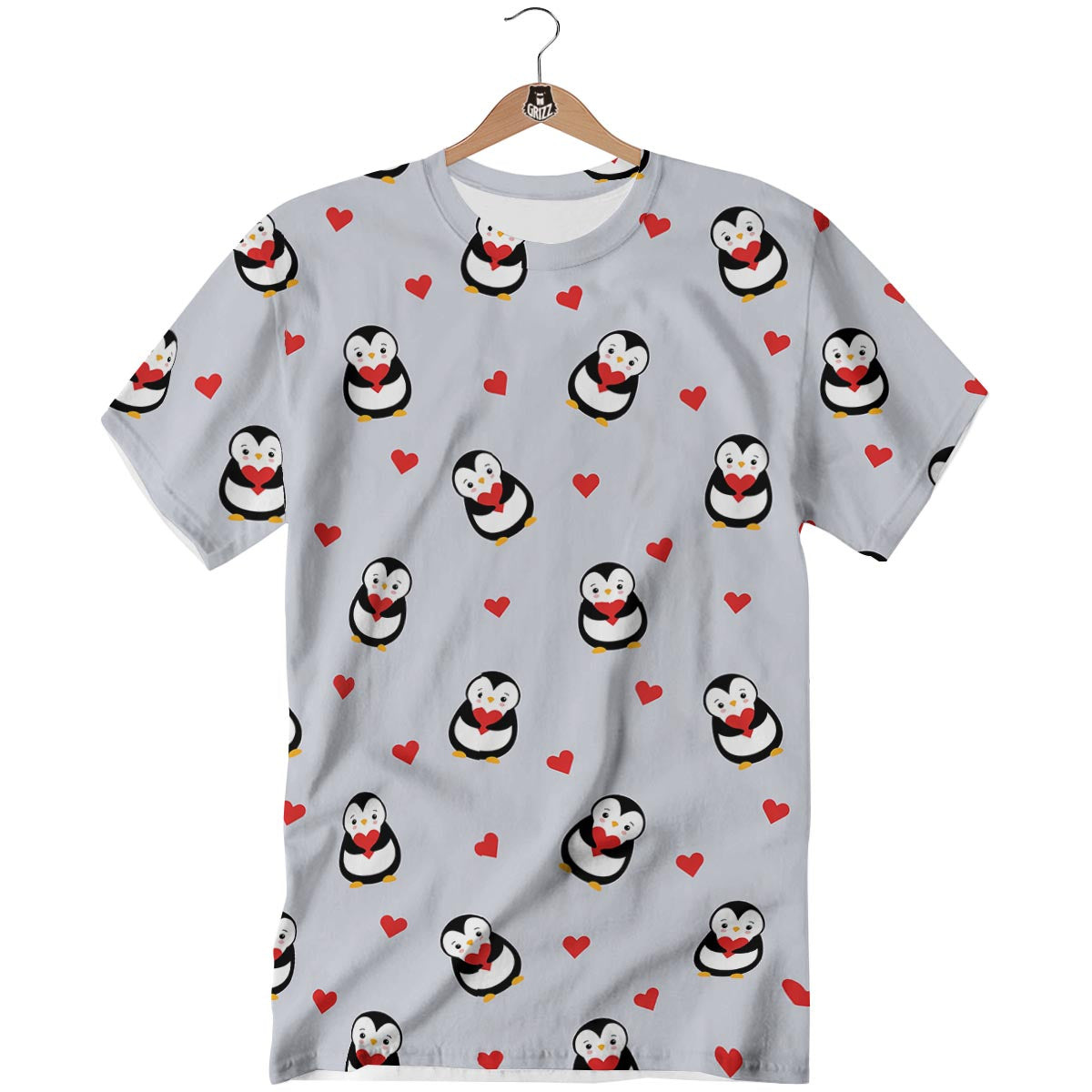Penguin And Red Heart Print Pattern T-Shirt-grizzshop