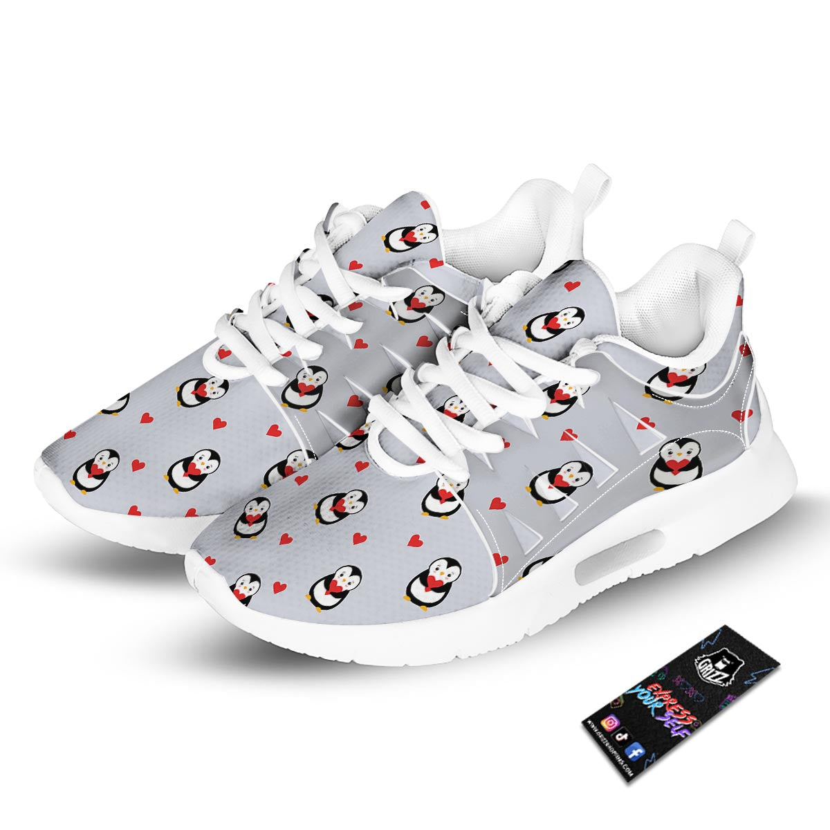Penguin And Red Heart Print Pattern Tennis Shoes-grizzshop