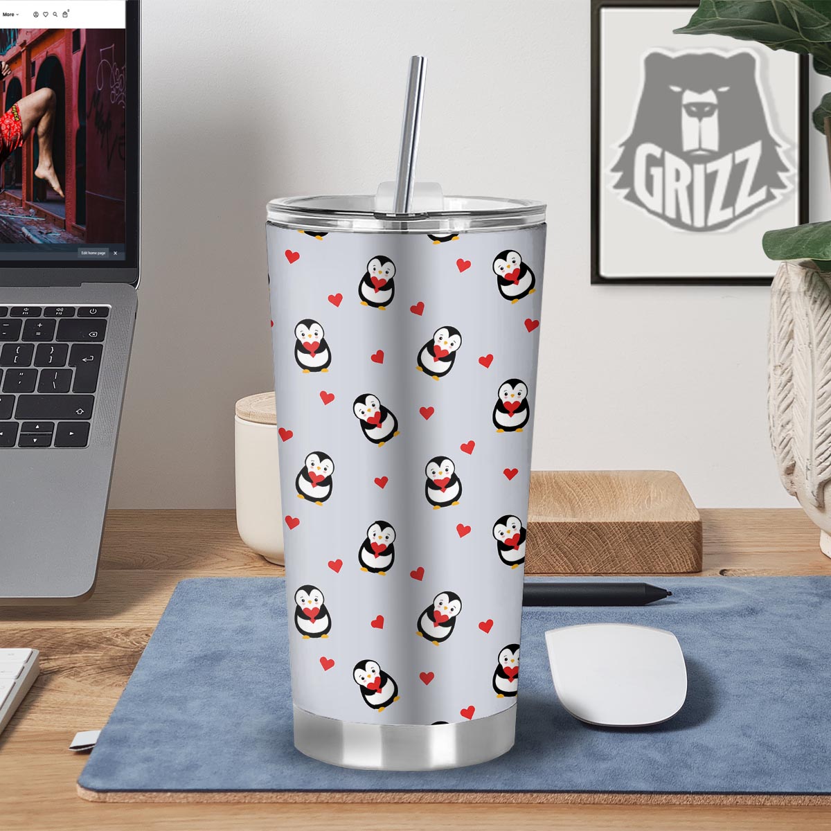 Penguin And Red Heart Print Pattern Tumbler-grizzshop
