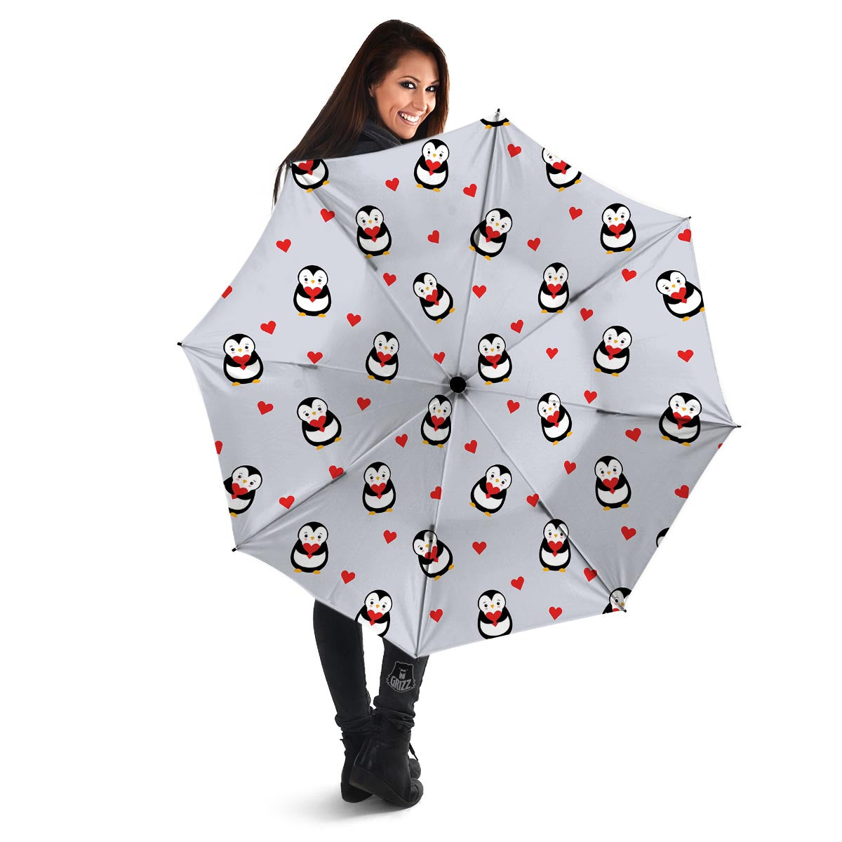 Penguin And Red Heart Print Pattern Umbrella-grizzshop