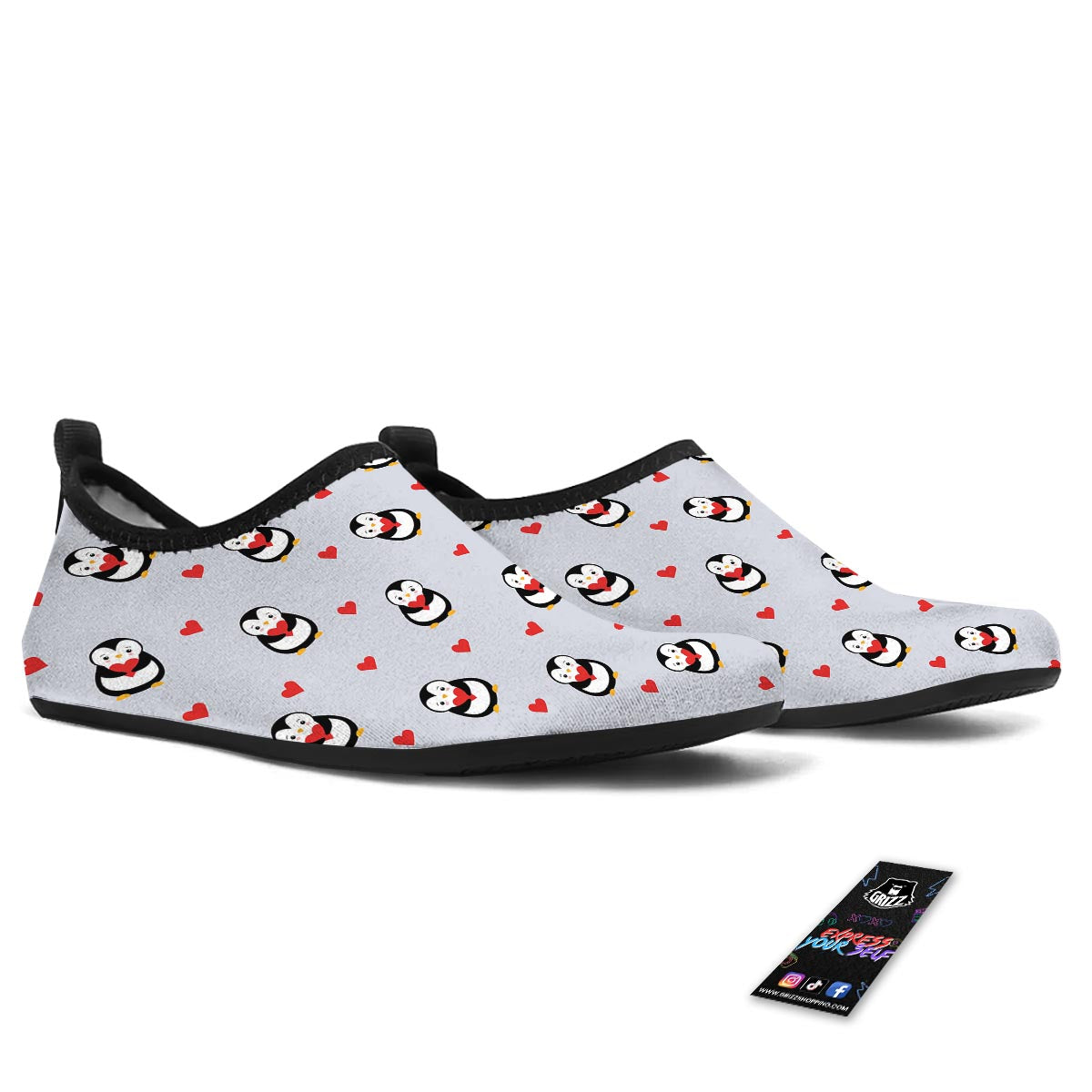 Penguin And Red Heart Print Pattern Water Shoes-grizzshop