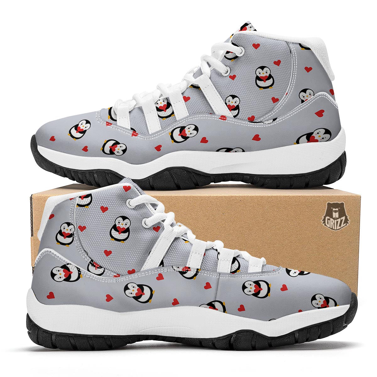 Penguin And Red Heart Print Pattern White Bball Shoes-grizzshop