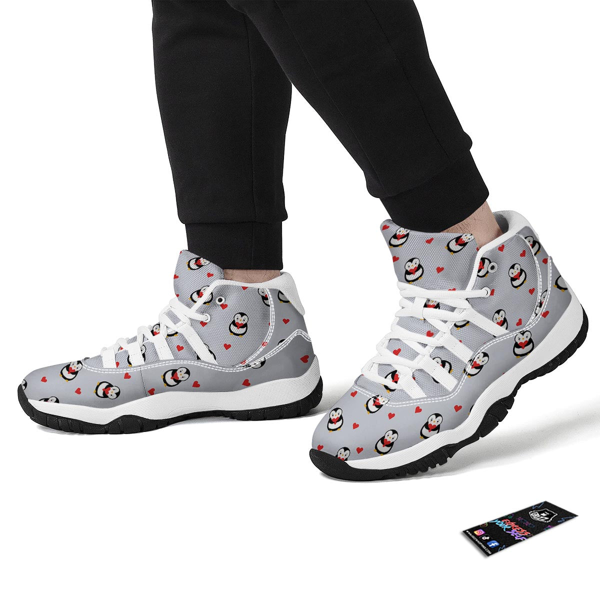 Penguin And Red Heart Print Pattern White Bball Shoes-grizzshop