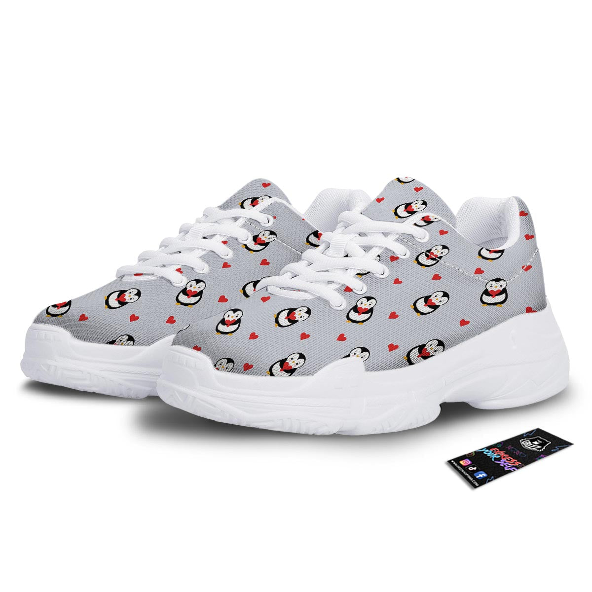 Penguin And Red Heart Print Pattern White Chunky Shoes-grizzshop