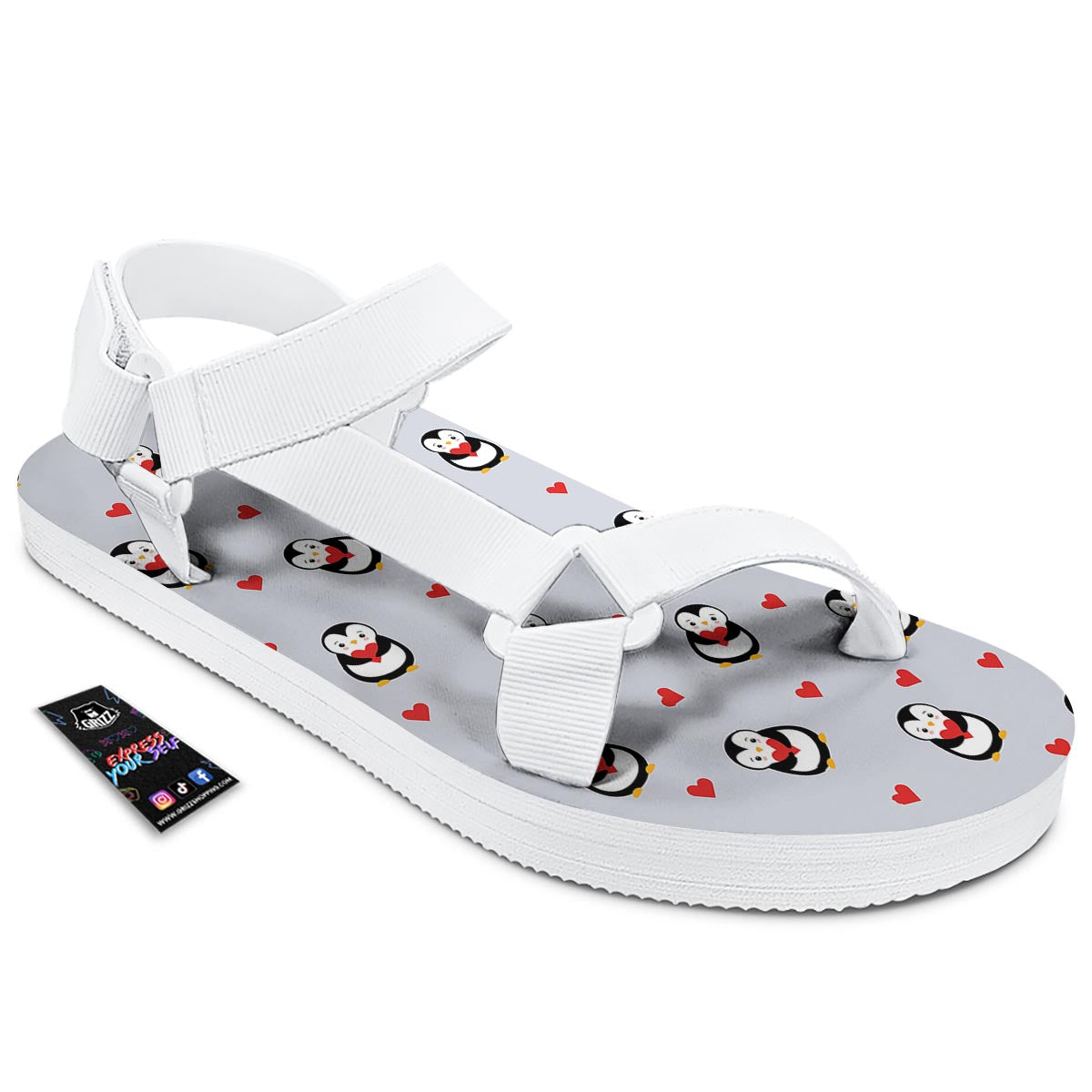 Penguin And Red Heart Print Pattern White Open Toe Sandals-grizzshop