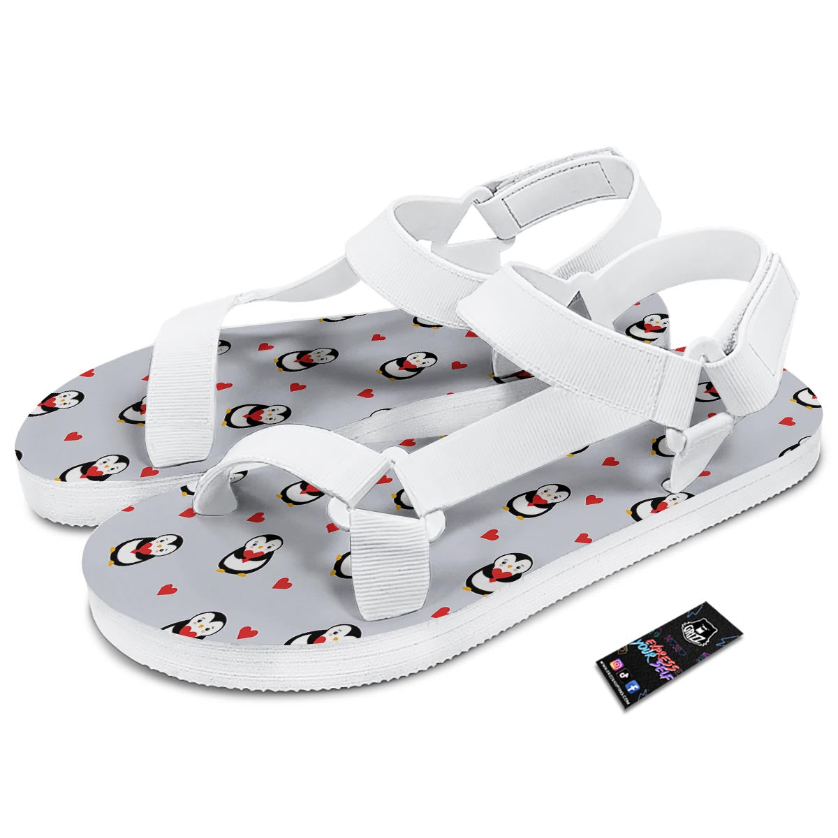 Penguin And Red Heart Print Pattern White Open Toe Sandals-grizzshop
