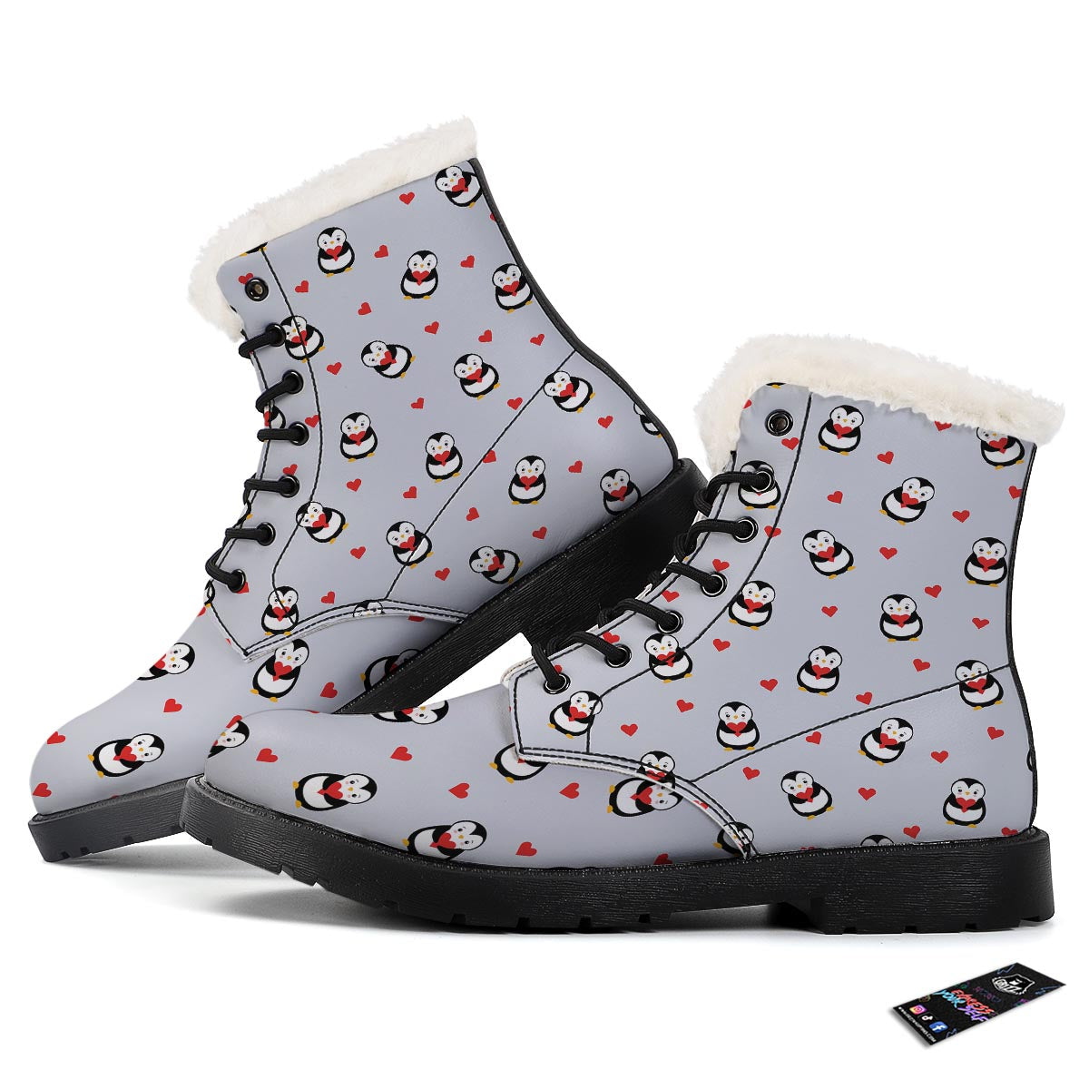 Penguin And Red Heart Print Pattern Winter Boots-grizzshop