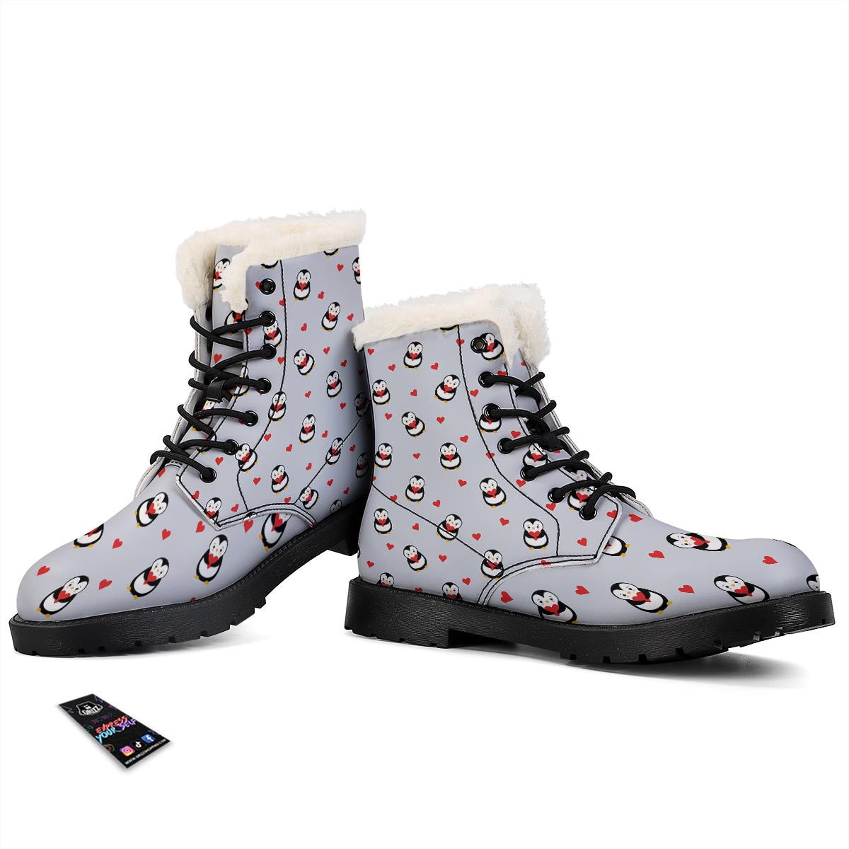 Penguin And Red Heart Print Pattern Winter Boots-grizzshop