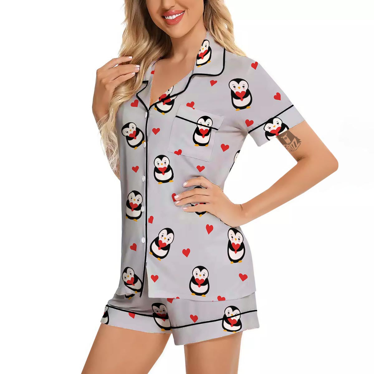Penguin And Red Heart Print Pattern Women Silk Pajamas-grizzshop