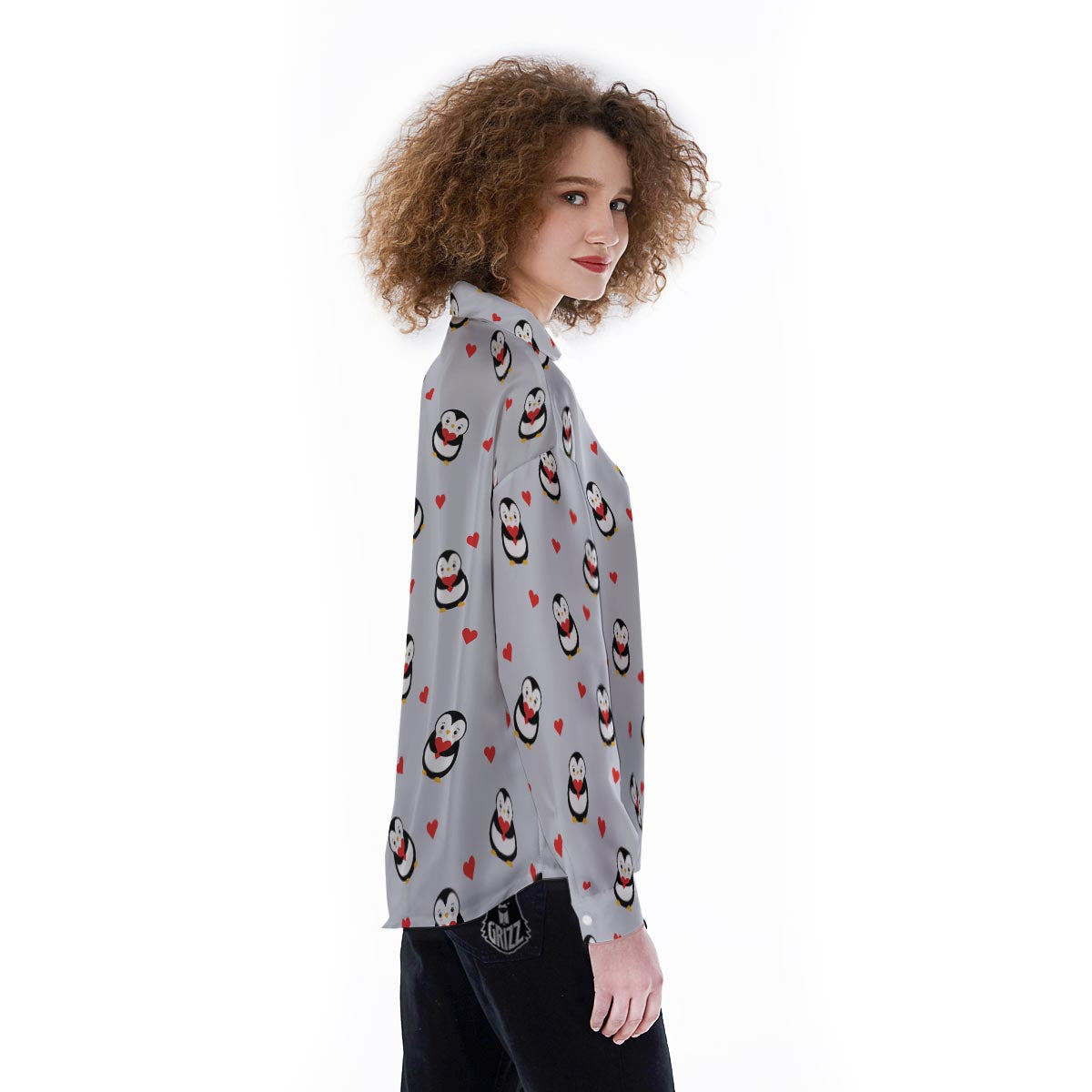 Penguin And Red Heart Print Pattern Women's Long Sleeve Shirts-grizzshop
