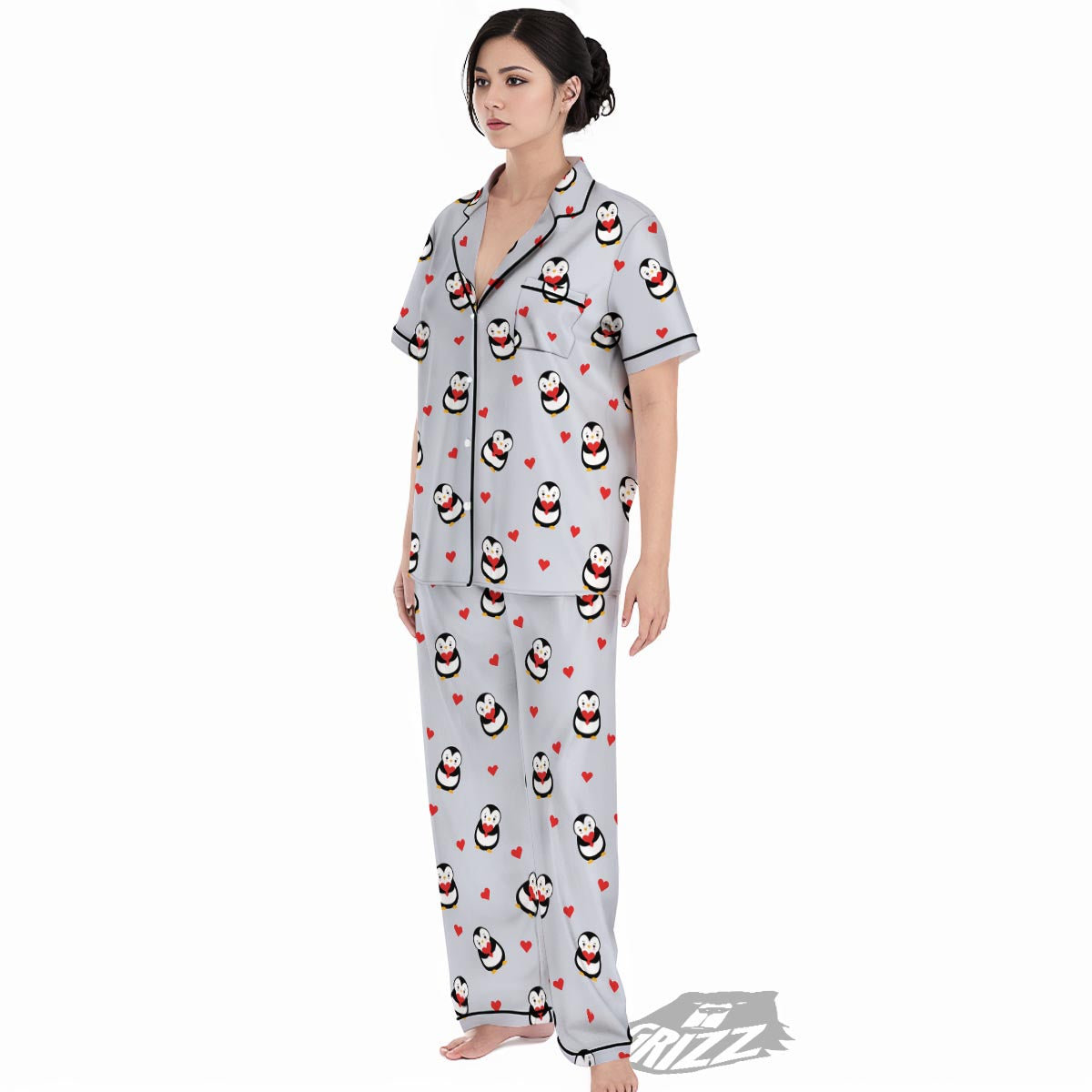 Penguin And Red Heart Print Pattern Women's Pajamas Set-grizzshop